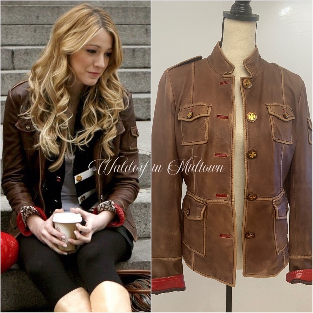 Tory Burch Brown Leather Military-Style Jacket with Red Trim